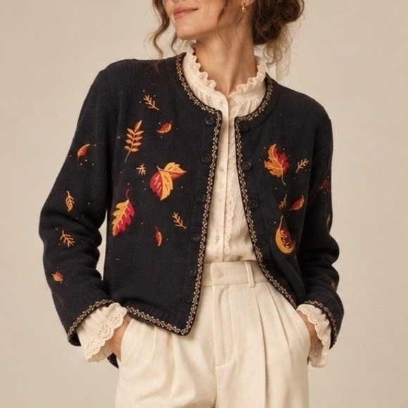 Christopher & Banks Sweaters - Christopher & Banks Vintage Hand Embroidered Leaf Cardigan Navy Blue Large Fall
